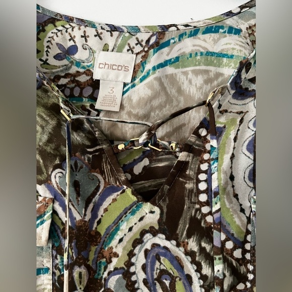 Chico's Women's Taupe Green Turquoise Paisley Lace Up Tie Neck Blouse Top - Picture 5 of 11